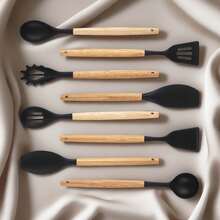 19pcs Silicone Kitchen Utensil Set With Wooden Handles, Heat-Resistant Non-Stick Cooking Tools, Includes Elegant Knives And Storage Organizer- Easy Cooking & Cleaning For Home And Kitchen - Black - View 3