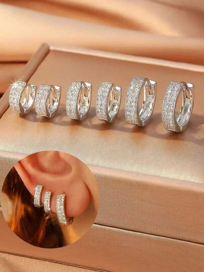 Kit 6 Peças Brinco Trio P M G Furo Argolas Cravejadas Micro Zircônia