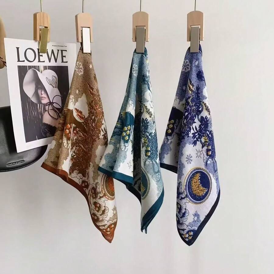 Foulard carré imprimé rétro printemps et automne tempérament foulard polyvalent cravate foulard cou foulard en soie multifonctionnel pour femmes