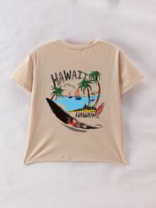 Loose Teen Boy Loose Beach Print Short Sleeve Graphic Tees , Summer Tops Crewneck ,Suitable For School, Vacation And Shopping - Apricot - View 2