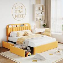Twin/Twin XL/Full/Queen Size Platform Bed Frame With Storage Headboard & 2 Drawers, Upholstered Cute Platform Bed With Bookcase, Sturdy Wooden Slats Support, No Box Spring Needed, Noise Free - 黃色-滿 - 查看 5