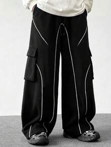 Men's Black Cargo Pants With White Stripes, Loose Fit Casual Trousers - Black - View 1