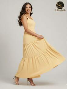 Women's Plus Size Long Dress, Three Marias Style, Elegant Evangelical Fashion, Party Dress, Sleeveless, Strapless, Ruffled, Dune - 糖果黃 - 查看 4
