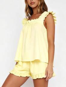Women Summer Pajama Set Solid Flying Sleeve Tank Tops And Ruffle Shorts 2 Piece Casual Lounge Outfit - Màu vàng - Xem 2
