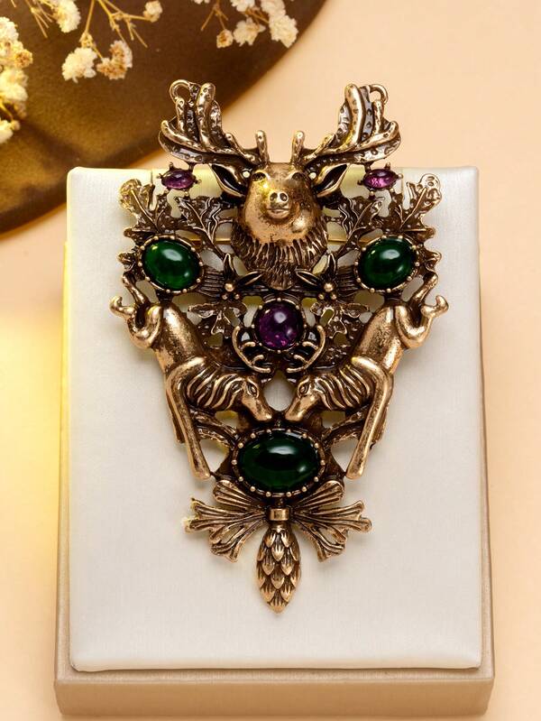 1pc Vintage Deer Brooch, Metal Material With Gemstone Inlay, European Style Animal Shaped Pin, Suitable For Vintage-Themed Parties, Autumn/Winter Coat Outfits, Christmas Looks, And Forest-Inspired Fashion, Creating A Retro Luxurious Vibe.