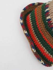 1pc Autumn Winter Maillard Color Bowknot Contrast Striped Polka Dot Hand-Made Crochet Knit Hat, Thick Four Seasons Rainbow Striped Knitted Fisherman Bucket Hat For Women, Fashionable Christmas