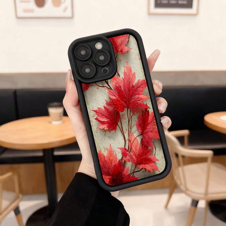 Phone Case With Black Border And Red Floral Design, Autumn Maple Leaf Print, Ideal For Daily Use And Casual Occasions Suitable For Apple Series Phones - Burgundy - View 1