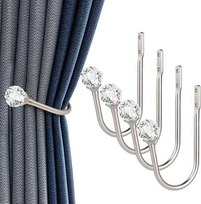LAMATY Sujetadores de cortina, 4 alzapaños de cortina para cortinas con bola de vidrio transparente, soporte de cortina de ventana montado en la pared para dración del hogar, color plateado,25592943