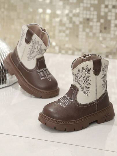 1 Pair Baby/Toddler/Kids Embroidered Western Style Comfortable Lightweight Flat Boots, Suitable For Daily & Outdoor Wear, Autumn/Winter