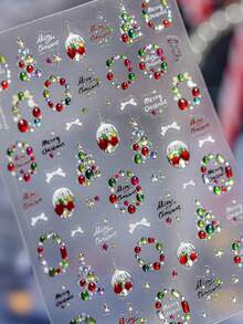 1PC Jelly Colorful Christmas Wreath Press-On Nail Stickers Festive Tree Bow 5D Nail Art With Multi-Dimensional Holiday Playful Seasonal Self-Adhesive Nails For Women's Merry DIY Manicure Decals