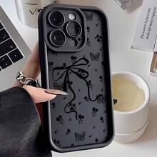 1 pieza Funda de teléfono suave con diseño de flor y lazo negro creativo y lindo, con marco de lente negro mate y diseño escalonado de cobertura completa anti-caída, compatible con Samsung/Galaxy/OPPO/VIVO/Honor/Realme - Negro - Ver 3