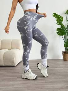 2Pcs Women'S Seamless High Waist Yoga Pants, Moisture-Wicking, Peach Hip, Versatile For Daily Wear And Workouts, Tie-Dye Design Tights - Multicolor - View 5