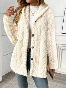 长款纯色钻石纹羊毛前扣开衫，日常穿着，秋冬