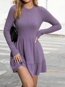 纯色针织荷叶边下摆修身轻薄连衣裙，适合居家及日常穿着，春秋季款 - 淡紫色 - 查看 3