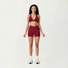 Women's V-Neck Halter Sports Bra With Wide Band And Supportive Stretch Fit - 酒紅色 - 查看 3