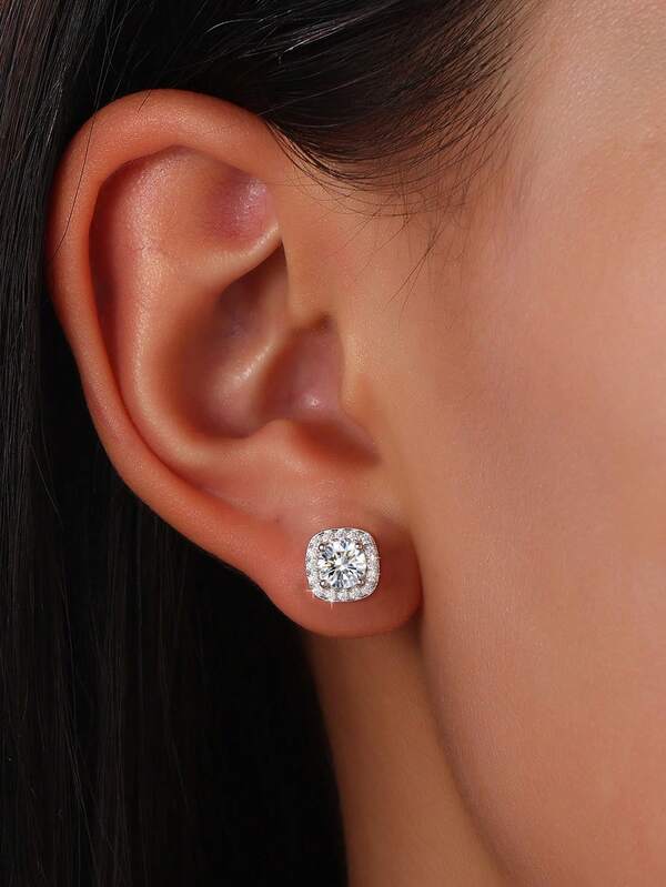 1 Pair S925 Sterling Silver D Color 1 Carat Moissanite Main Stone With Sparkling Cubic Zirconia Four-Leaf Clover Women's Wedding Earrings, Exquisite Luxury Jewelry Gift With Box