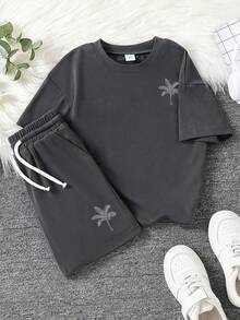 Young Boy Summer Casual Everyday Commute Vacation Style Palm Tree & Letter Print Loose Fit T-Shirt And Drawstring Waist Shorts Set - Dark Grey - View 2
