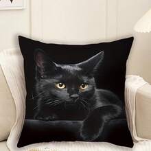 1pc Modern Black Cat Print Polyester Throw Pillow Cover, Animal Lover Gift, Suitable For Sofa, Bed, Bedroom, Office, Living Room Decor, 18" X 18", Machine Washable With Zipper - Black - View 6