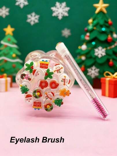 1/3/5/7pcs Clear Christmas Cartoon Pattern Mascara Eyebrow Brushes, Portable Eyelash Brushes With Transparent Case