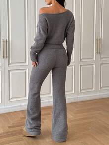 Women's Casual Cute Fluffy Soft 2-Piece Set, Y2K Street Style Solid Color Off-Shoulder Knit Sweater Top Paired With Long Sleeve Knit Pants, Suitable For Daily Wear, Casual Home, Back To School Season, Autumn/Winter Outings, Also Suitable For Country Music Festivals, Christmas, Thanksgiving And New Year Occasions