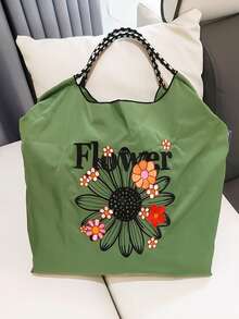 1 Stück Chrysanthemen-bestickter dicker Nylon Lässig Shopper, große Kapazität, geeignet für Einkaufen, Reisen, Pendeln, neue Herbst Damen Schulter Umhängetasche