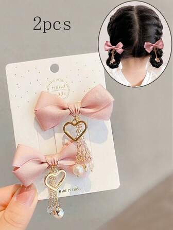 2 Stücke Mädchen Rosa Schleifen, Stern, Herz Quasten Haarspangen, geeignet für den Alltag oder den Schulanfang