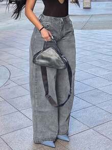 Women's Casual Loose Y2k Women's Clothing, Loose Mid Waist Straight Leg Jeans, Loose Women's Clothing, Autumn And Winter Women's Clothing, Comfortable Women's Autumn And Winter Clothing - Xám - Xem 4