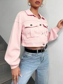 Chaqueta corta de pana con solapa y hombros caídos para mujer, otoño e invierno - Rosa Pálido - Ver 5