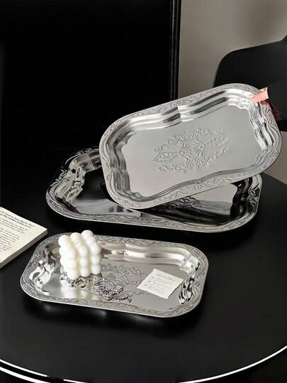 1pc Vintage Embossed Desktop Storage Tray, Jewelry/Cosmetics Organizer Plate, Silver Stainless Steel Dish