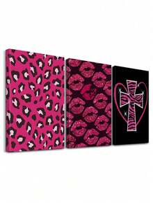 3Pcs Pink Wall Art, Glamorous Canvas Print Wall Painting, Zebra Pattern Poster, Glitter Decorative Artwork, Lips Paintings, Bold Wall Decor, Art Prints, Home Decor, Posters, Ideal Gift,With Frame