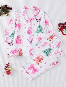 2PCS Teen Girl Satin Pajama Sets Pj Set Cute Bear Print Long Sleeve Button Down Shirt With Long Pants