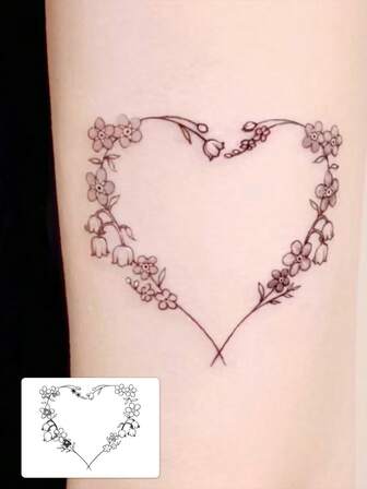1 pieza de pegatina de tatuaje temporal impermeable y transpirable hecha de material de PVC. Presenta un diseño de corona de flores y corazón, con un estilo forestal elegante. Adecuado para uso diario de niñas y puede durar de 3 a 7 días.