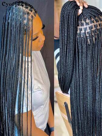 Peluca de cabello trenzado de caja de 30 pulgadas con encaje completo, cabello negro con flequillo, peluca de cabello trenzado sintético tejido a mano, fibra de baja temperatura que parece natural, extensión de cabello de moda para uso diario, fiestas, cosplay y festivales musicales para mujeres