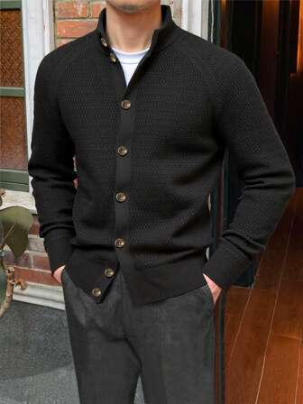 WAIT HIM 男士休闲简约长袖纽扣毛衣，秋冬款