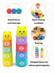 1 套婴儿叠叠杯，儿童分类科学教育认知大型积木启蒙学习玩具叠叠杯，数字字母图案叠叠杯卡通小熊宝宝（颜色随机） - 彩色 - 查看 5