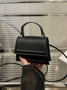 1 件黑色迷你时尚简约纹理面料手提包、小方包、口红袋、百搭可爱单肩包 - 黑色 - 查看 6