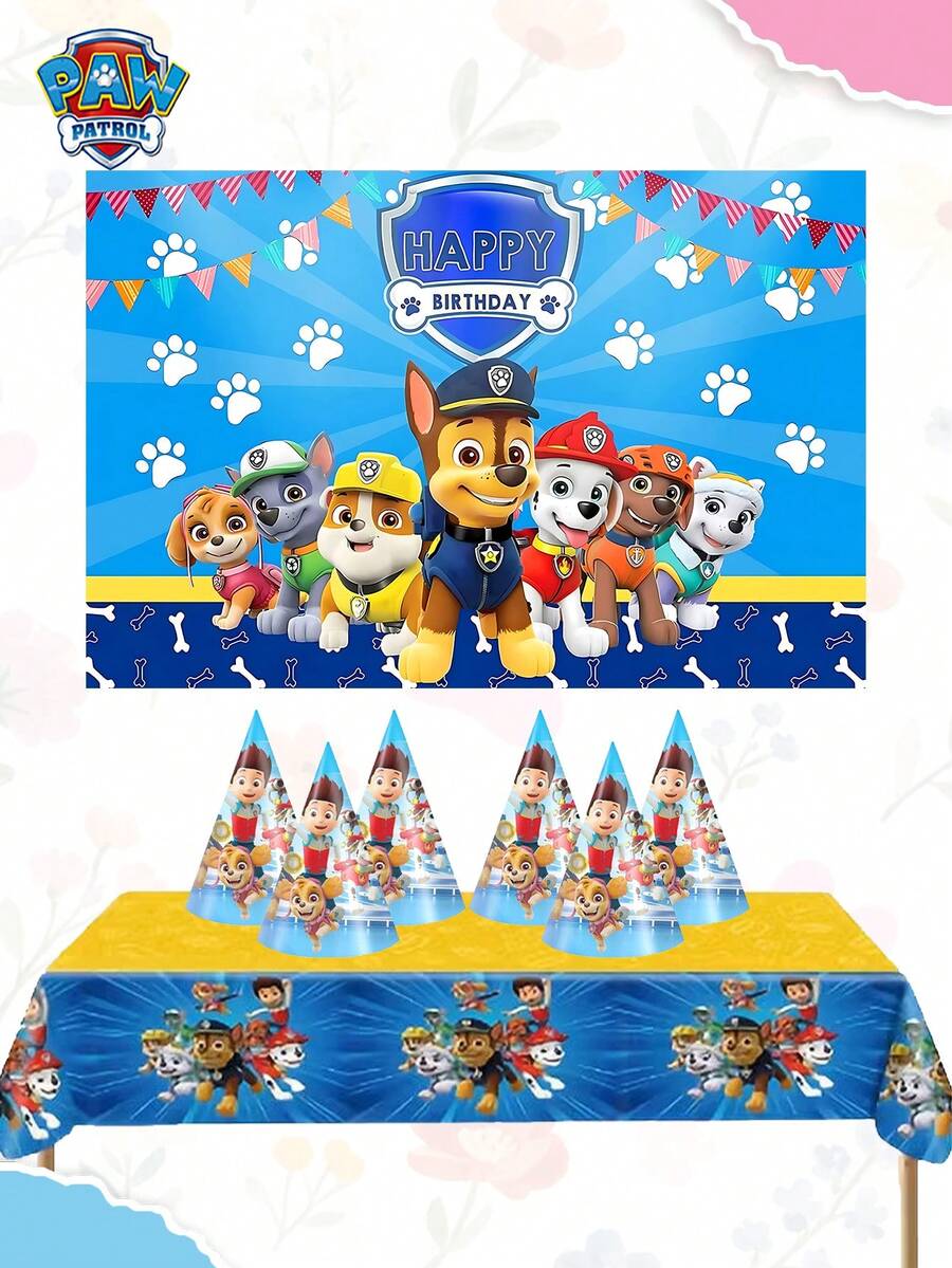 Paw Patrol 汪汪队立大功主题派对套装，包含背景幕布、派对帽和桌布，采用完整的汪汪队主题设计，并饰有“生日快乐”字样，以充满活力的蓝黄配色为主，选用优质材料，经久耐用。非常适合为婚礼场地、餐厅增添节日气氛，也是生日派对的理想之选，同时也是圣诞节主题装饰的绝佳选择，更是汪汪队主题生日装饰、新年装饰、返校季装饰和情人节装饰的必备之选。 - 彩色 - 查看 1