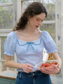 Simple Retro Women's Summer Casual Cute Ruffle Bow Blouse - Blue - View 6