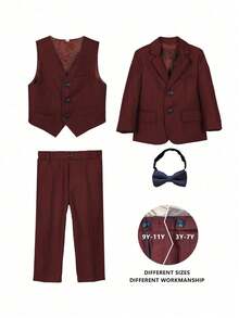 4 件套年轻男孩绅士西装,包括夹克、背心、裤子和领结,简约优雅的设计,适合节日、典礼和日常场合 - 酒紅色 - 查看 13