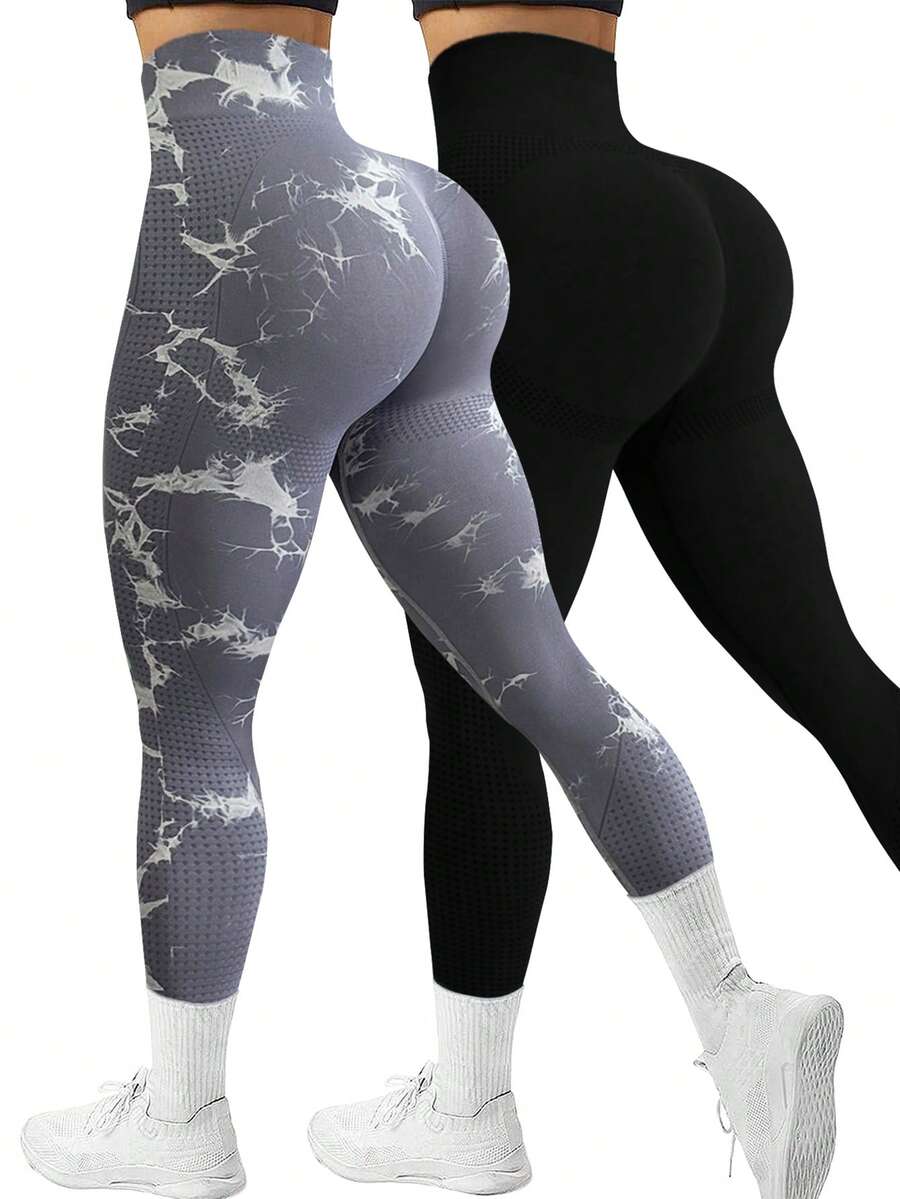 2Pcs Women'S Seamless High Waist Yoga Pants, Moisture-Wicking, Peach Hip, Versatile For Daily Wear And Workouts, Tie-Dye Design Tights - Multicolor - View 1