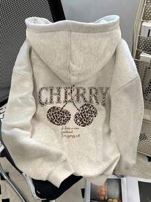 Sudadera con capucha femenina abrigada, holgada y versátil con estampado de cerezas, ideal para vacaciones y viajes - Gris - Ver 2