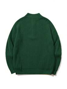 Women's Simple Ribbed Solid Color Casual Korean Textured Commuter Loose Versatile Stand Collar Zipper Half-Placket Pullover Long Sleeve Sweater, Spring/Autumn/Winter - Green - View 7