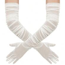 Hazhlko Women's Super Long Stretchy Ruched Mesh Tulle Sheer Gloves Costume Opera Party 1920's Dance Gloves{"Color_name":"Ivory"} - Ivory - 查看 1