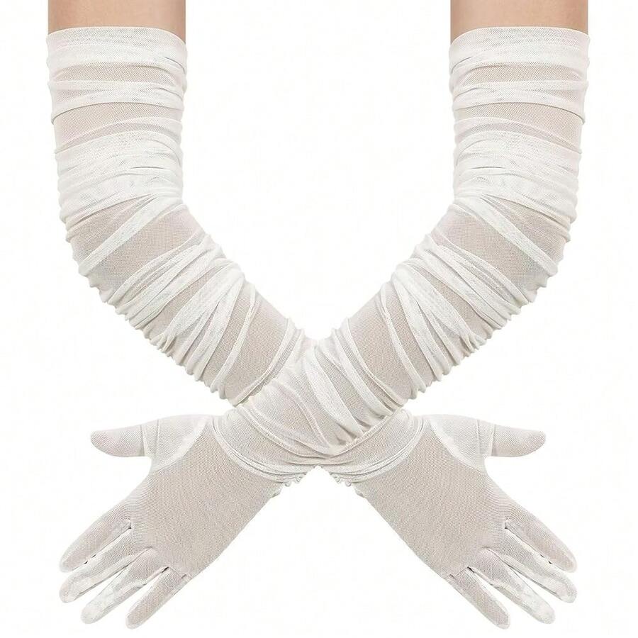 Hazhlko Women's Super Long Stretchy Ruched Mesh Tulle Sheer Gloves Costume Opera Party 1920's Dance Gloves{"Color_name":"Ivory"} - Ivory - 查看 1