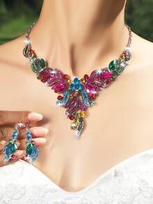 1 Set Luxury Green Necklace And Earrings Jewelry Set, Exaggerated Rhinestones Vintage Alloy Women Bridal Wedding Party Accessories - Peacock - View 11