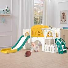 Tobogán infantil 8 en 1 con aro de baloncesto, volante, telescopio y túnel. Tobogán independiente para niños pequeños, ideal para interiores y exteriores. Incluye pelota y espacio de almacenamiento. - naranja verde - Ver 1