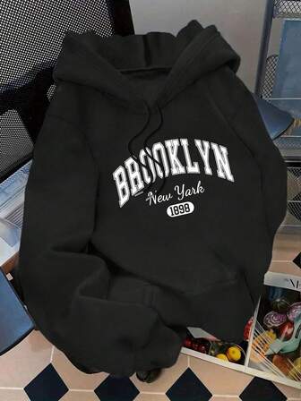 大码女式日常“布鲁克林”、“纽约”和“1898”字样连帽长袖卫衣，适合春夏秋季穿着，是外出和度假的理想之选。