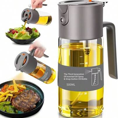 550毫升玻璃喷油瓶，二合一厨房喷油瓶，自动开合双用途喷油瓶，大容量不粘玻璃喷油瓶，家用橄榄油喷油瓶和食用油喷油瓶，适用于厨房、烧烤、沙拉、烘焙、空气炸锅和露营。