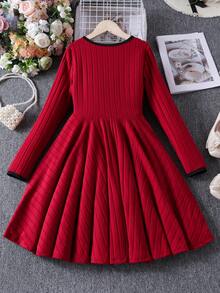 女童优雅蝴蝶结领长袖连衣裙，适合秋季休闲日常穿着 - 酒紅色 - 查看 2