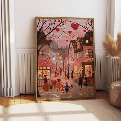 1 Stück rahmenloses romantisches Valentinstag Wandkunstdruck, gemütlicher Cottagecore Folkart Sofortdownload, liebliches Valentinsbild, Schulanfang Funky Poster, rustikales Gemälde für Schlafzimmer, Studentenwohnheim, moderne Heimdekoration, Raumdekoration, ästhetische Wanddrucke